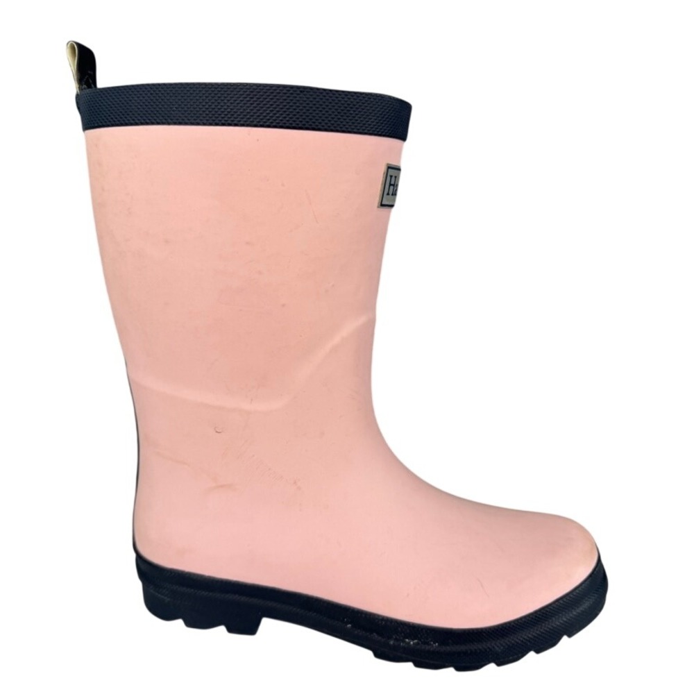 Hatley Pink Matte Rubber Rain Boots Navy Trim Waterproof Lug Sole Size 4 US Wmns